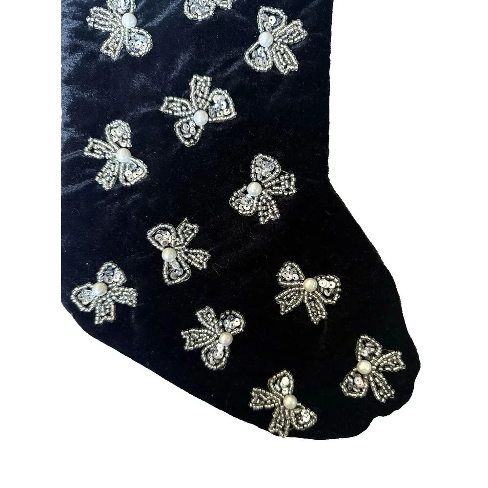 Artisan de Luxe Christmas Stocking Black Velvet Bow Pearls Beads Sequins 22